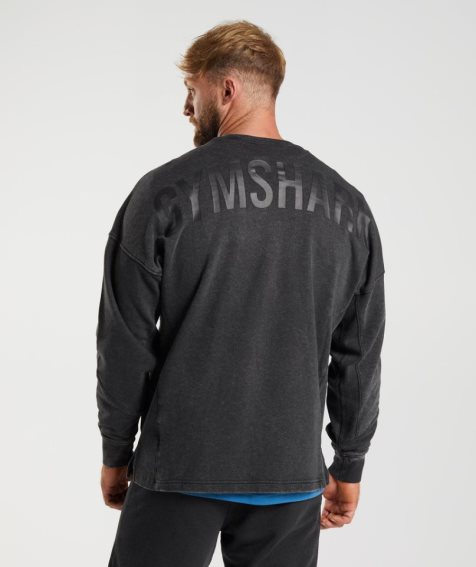 Men's Gymshark Power Washed Crew Sweatshirts Black | NZ 2VZQNS